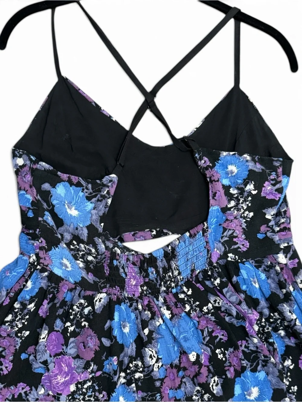 Vintage FREE PEOPLE Floral Midnight  Peplum Cut-Out Crisscross Back Tank Size L